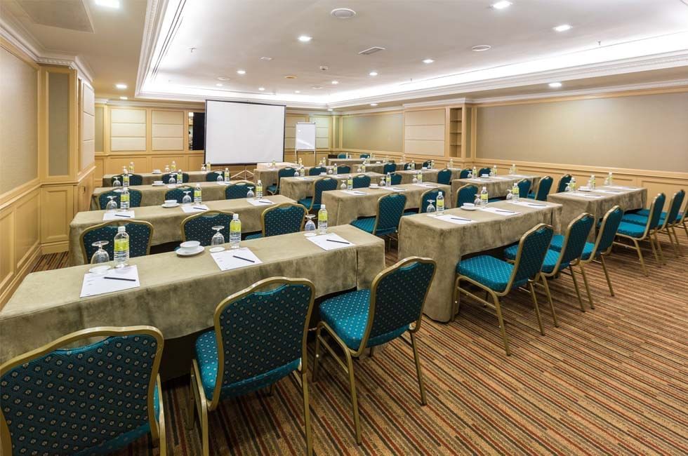 Tables and chairs arranged in a classroom-typed event hall at Sunway Hotel Seberang Jaya