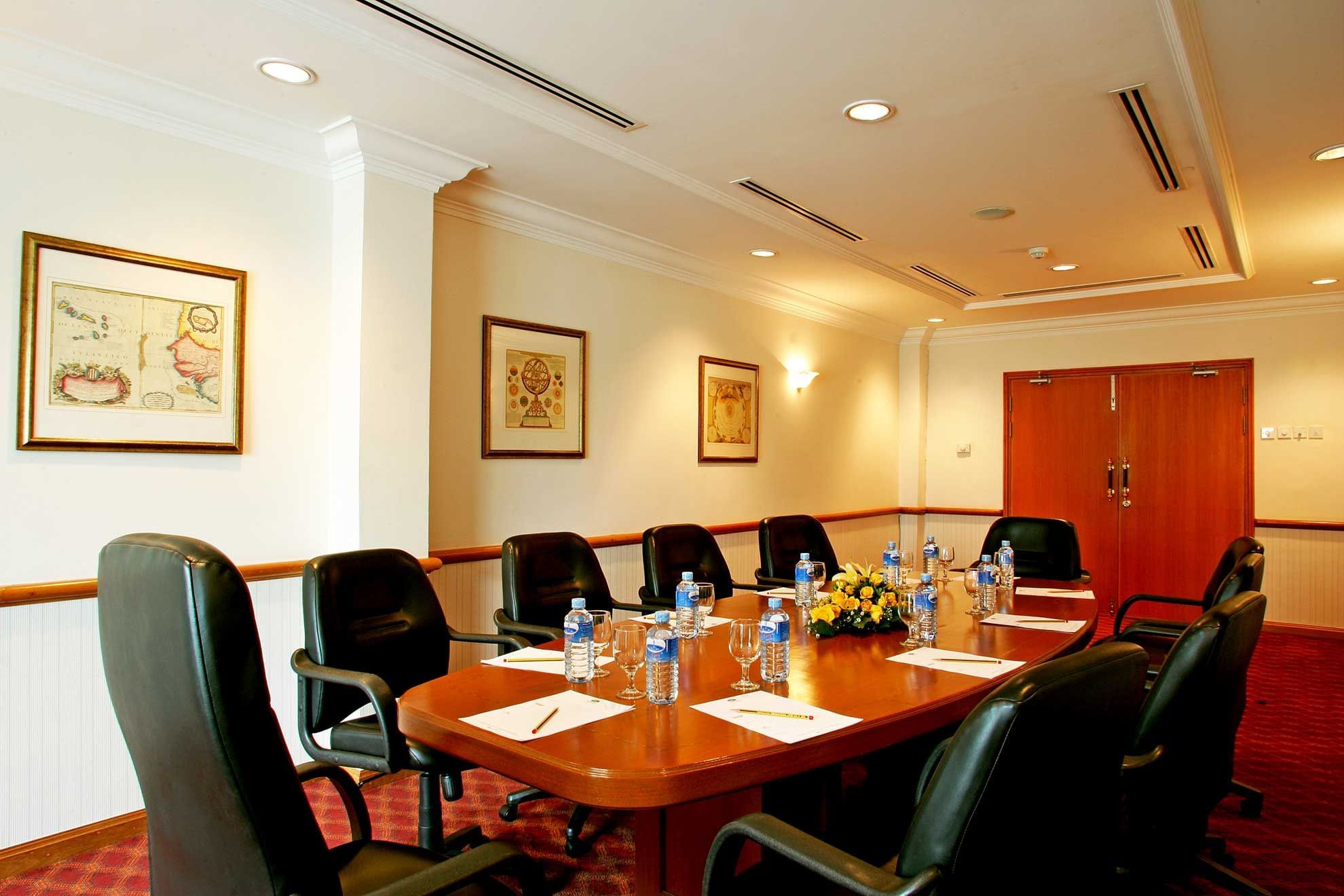 Boardroom table arrange with meeting amenities at Sunway Hotel Phnom Penh