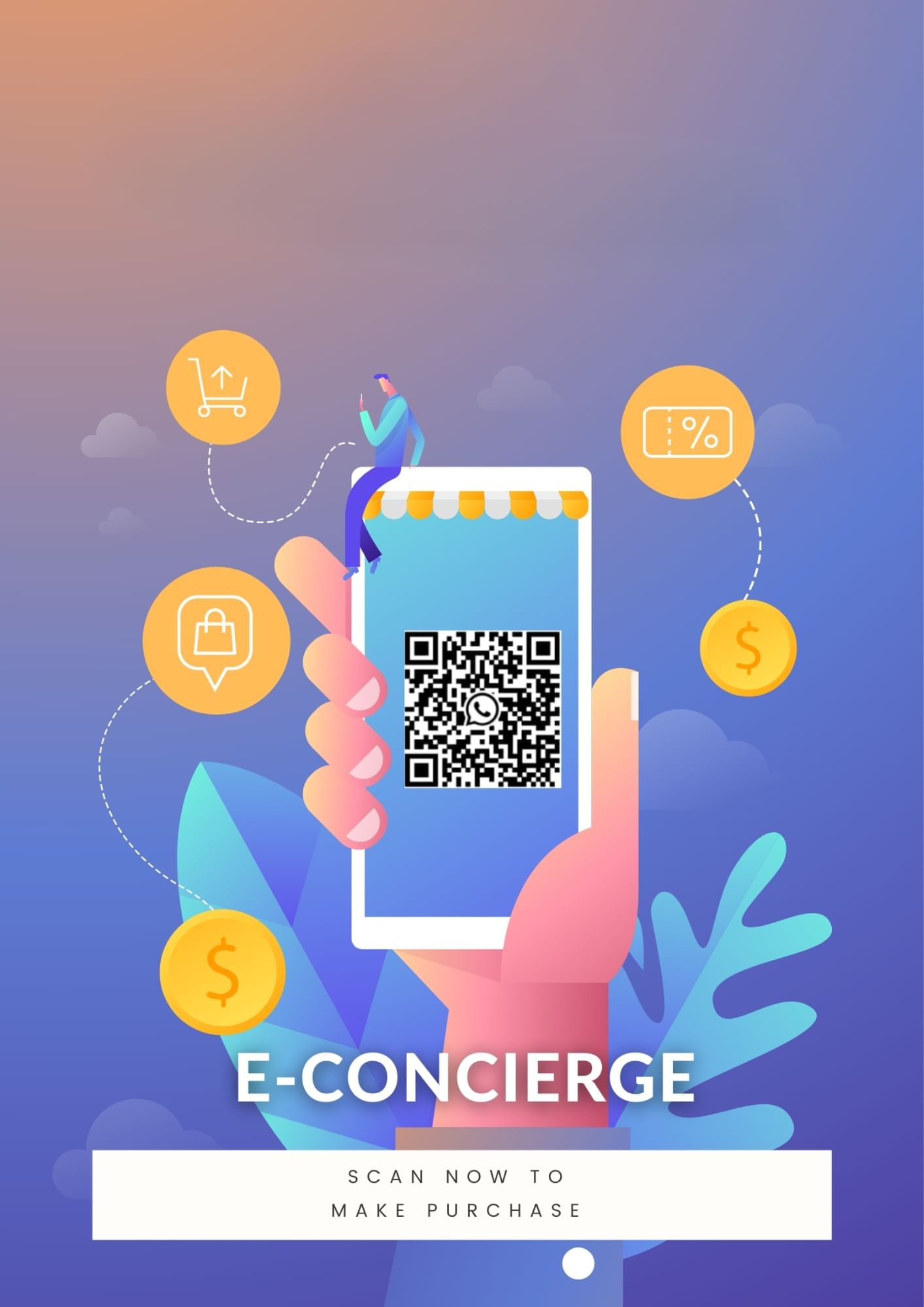 Illustration of a hand holding a phone displaying a QR code, with shopping and discount icons at Sunway Velocity Hotel