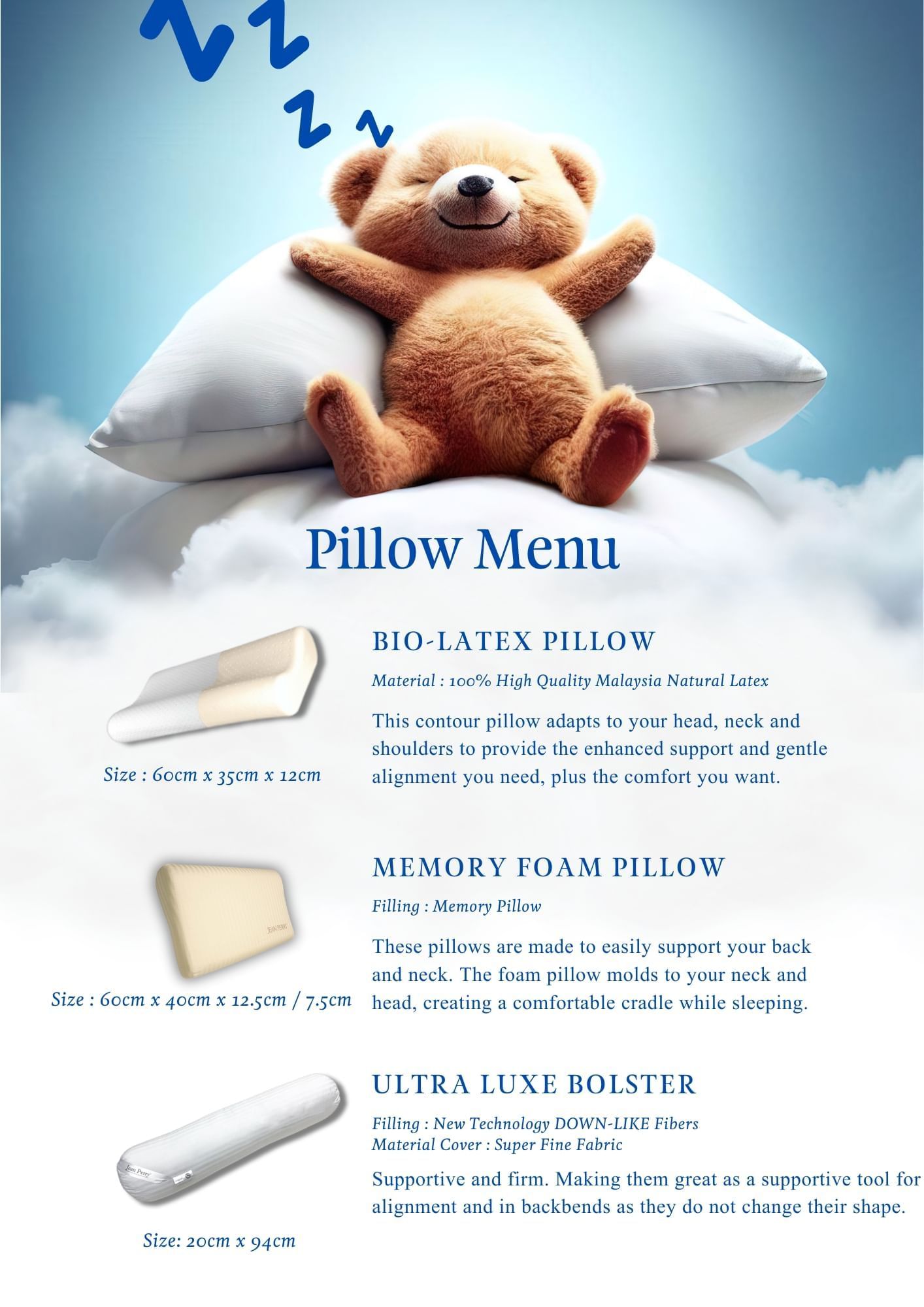Banner of teddy bear lying on a pillow with "Pillow Menu" text above it against a blue background used at Sunway Velocity Hotel