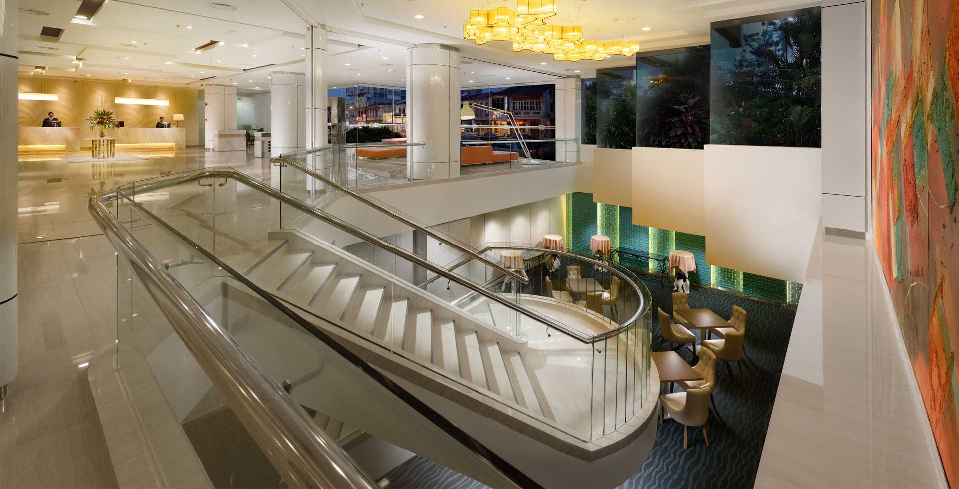 Luxury interior and spiral staircase in the lobby at Sunway Hotel Georgetown