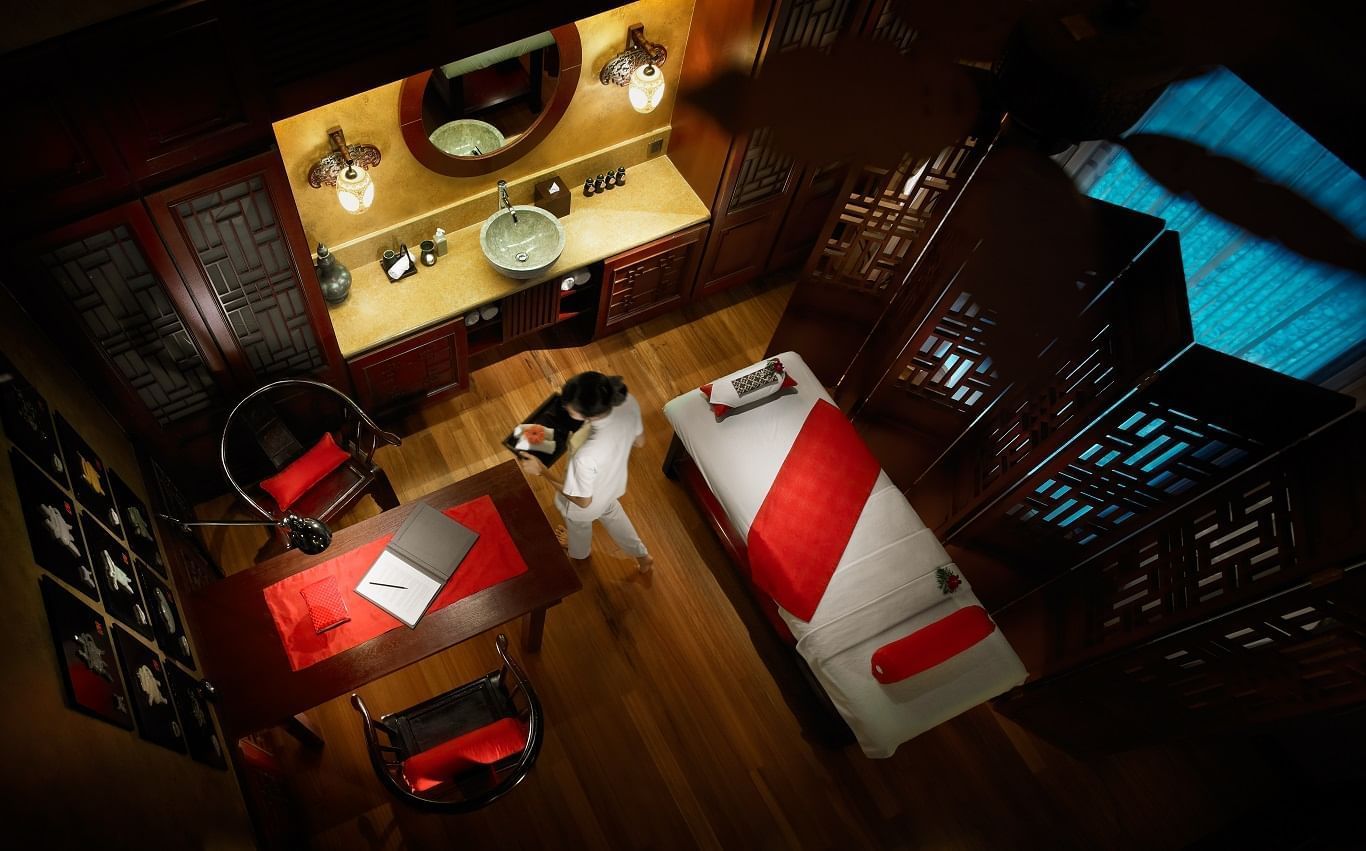 High angle view of a treatment room in the Wellness spa at The Banjaran Hotsprings Retreat