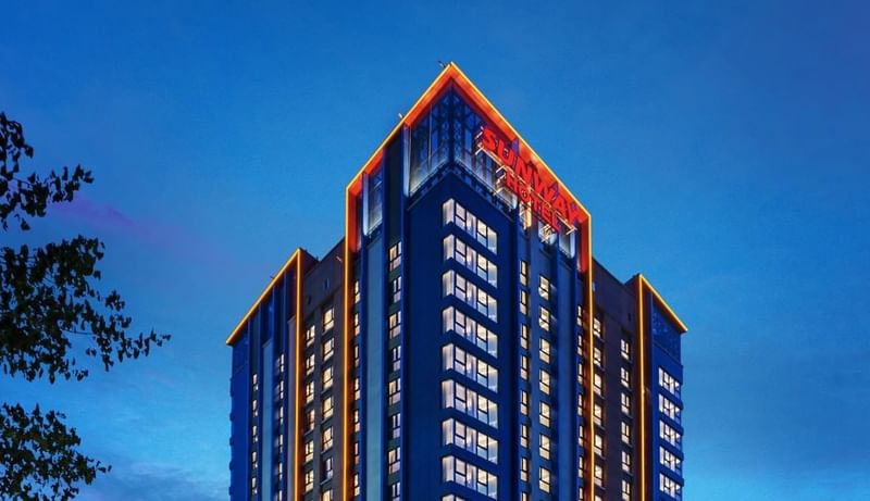 Exterior low-angle view of the building of Sunway Hotel Big Box at night