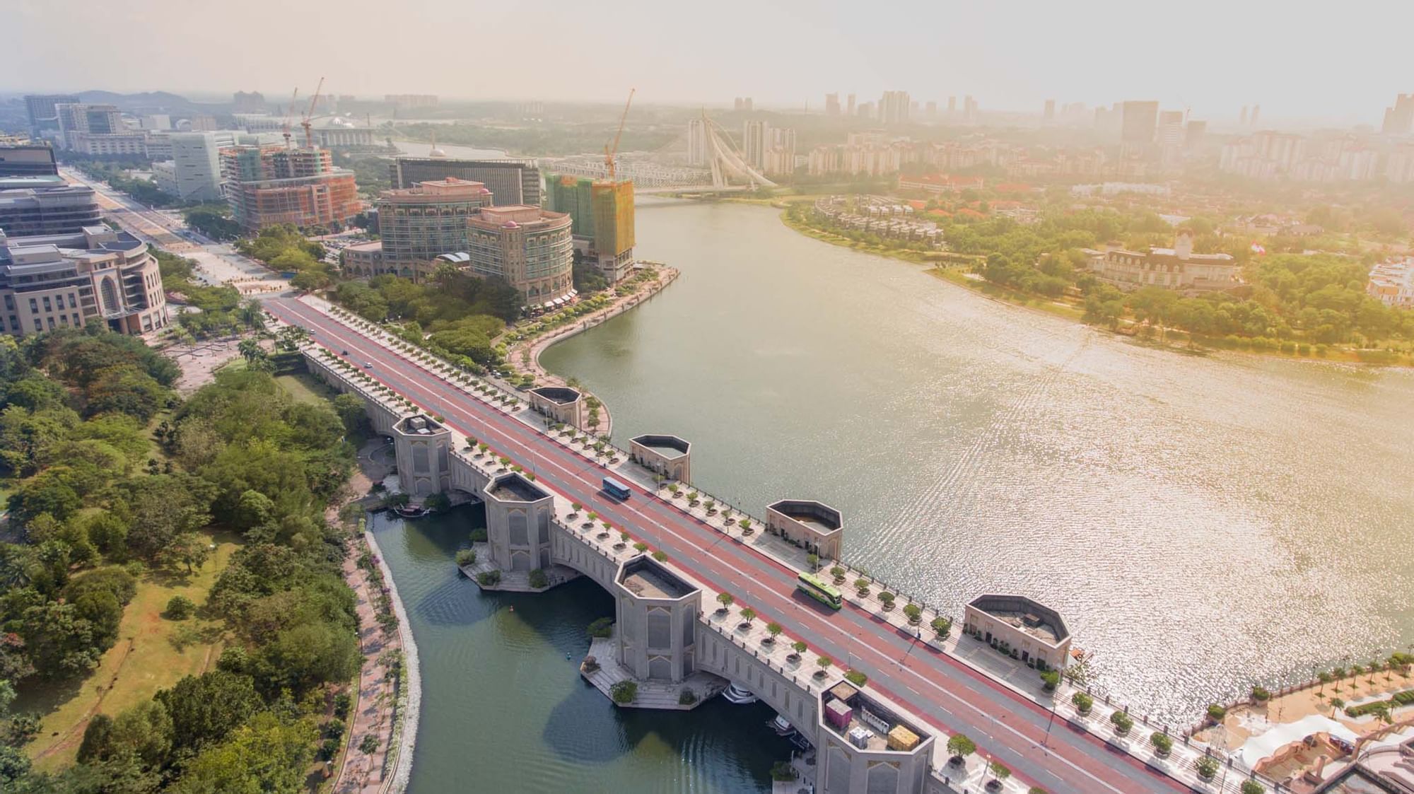 Aerial view of Putra Bridge & city with the lake near Sunway Hotels & Resorts
