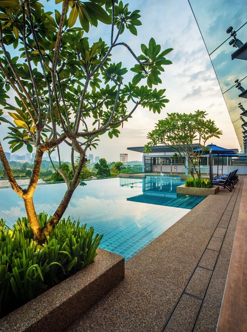 Sun loungers arranged by the pool outdoors at Sunway Hotel Big Box