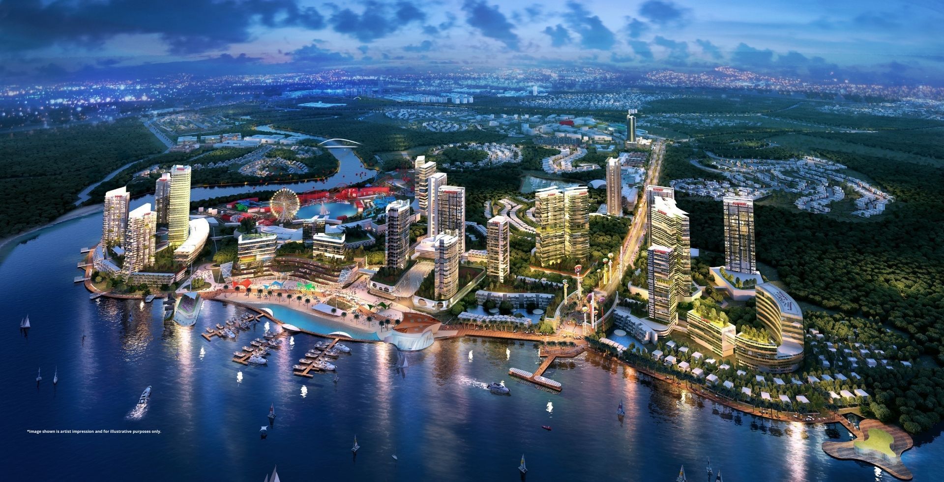 Aerial view of Sunway City & Sunway Hotel Big Box at night