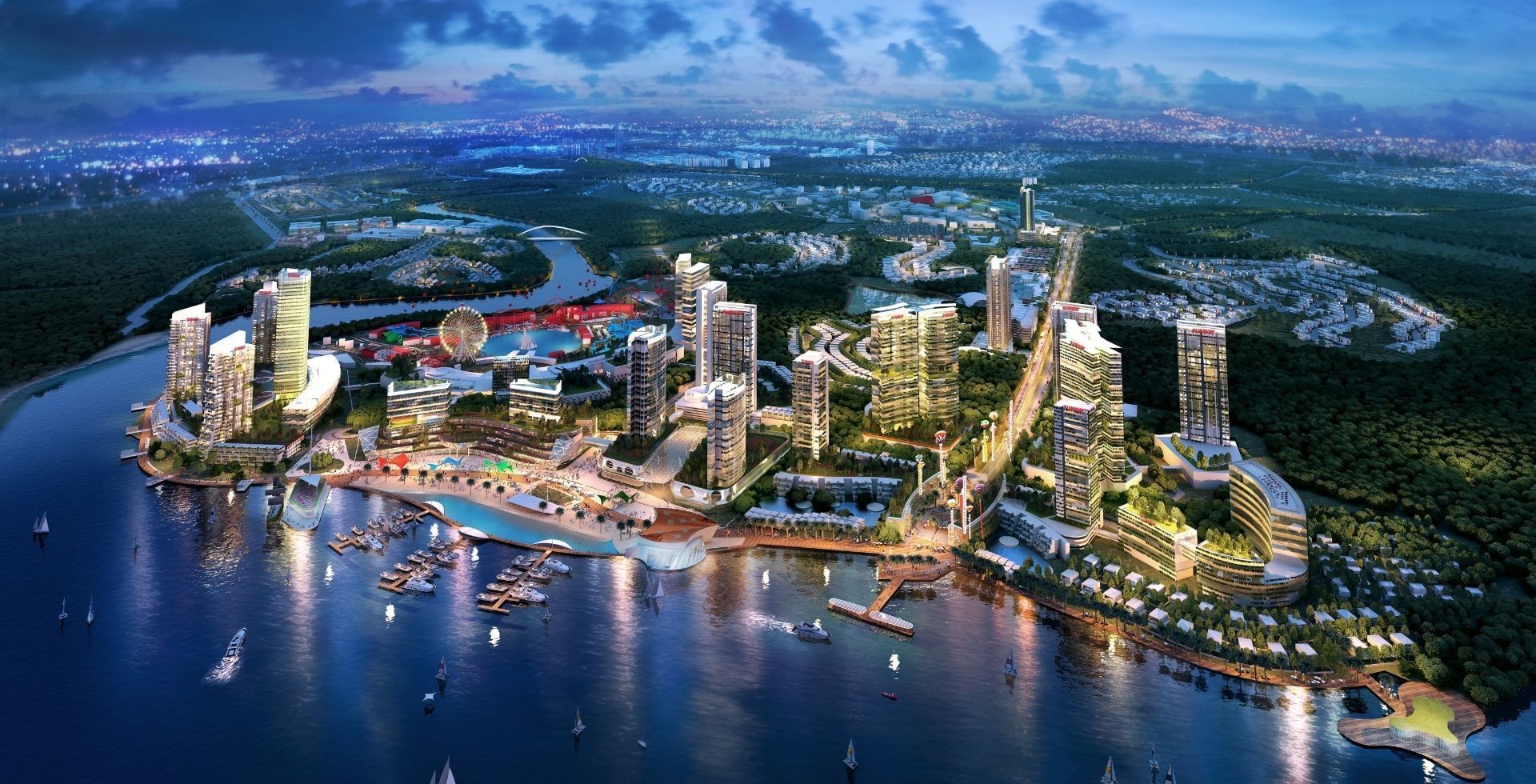 Aerial view of Sunway City Iskandar Puter & Sunway Hotel Big Box at night