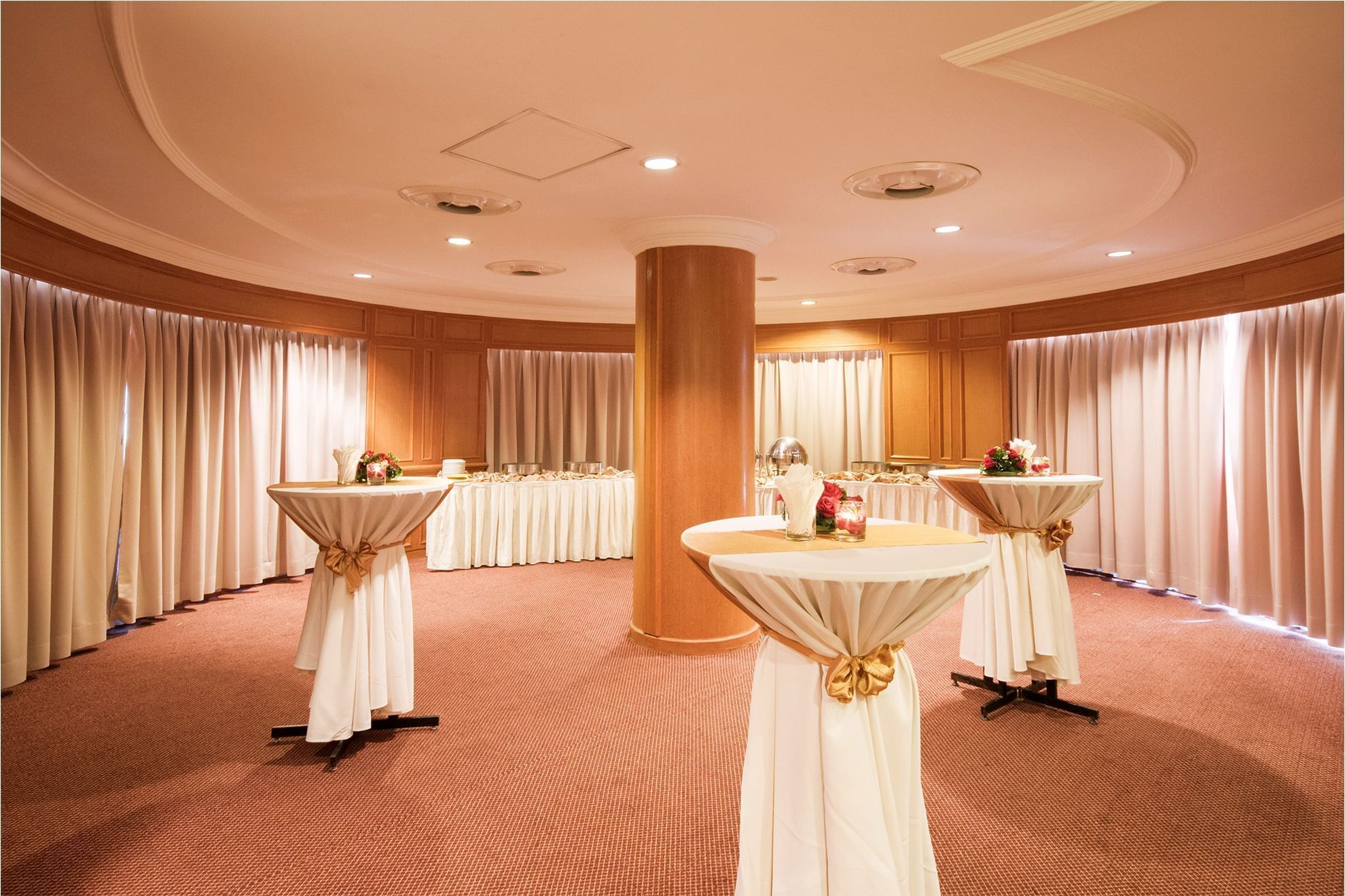 Cocktail tables & refreshments corner arranged in an Event space at Sunway Hotel Phnom Penh