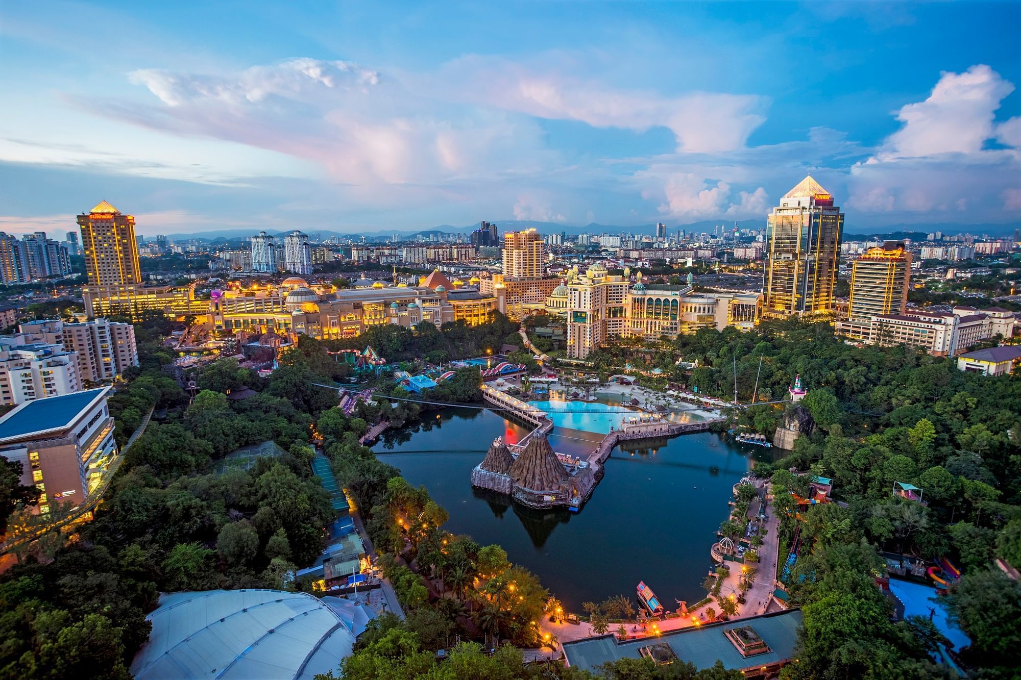 Aerial view of the beautiful Sunway City near Sunway Lagoon