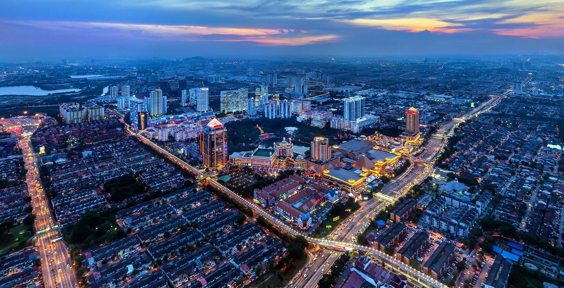 Aerial view of Sunway City Kuala Lumpur with city on a sunny day